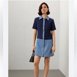 Sandro Brooke Mixed Media Shirt Dress Navy Blue Tweed and Denim